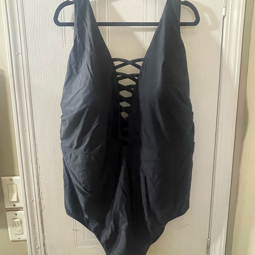 Black One-Piece Swimsuit with Lace-Up front size 3x